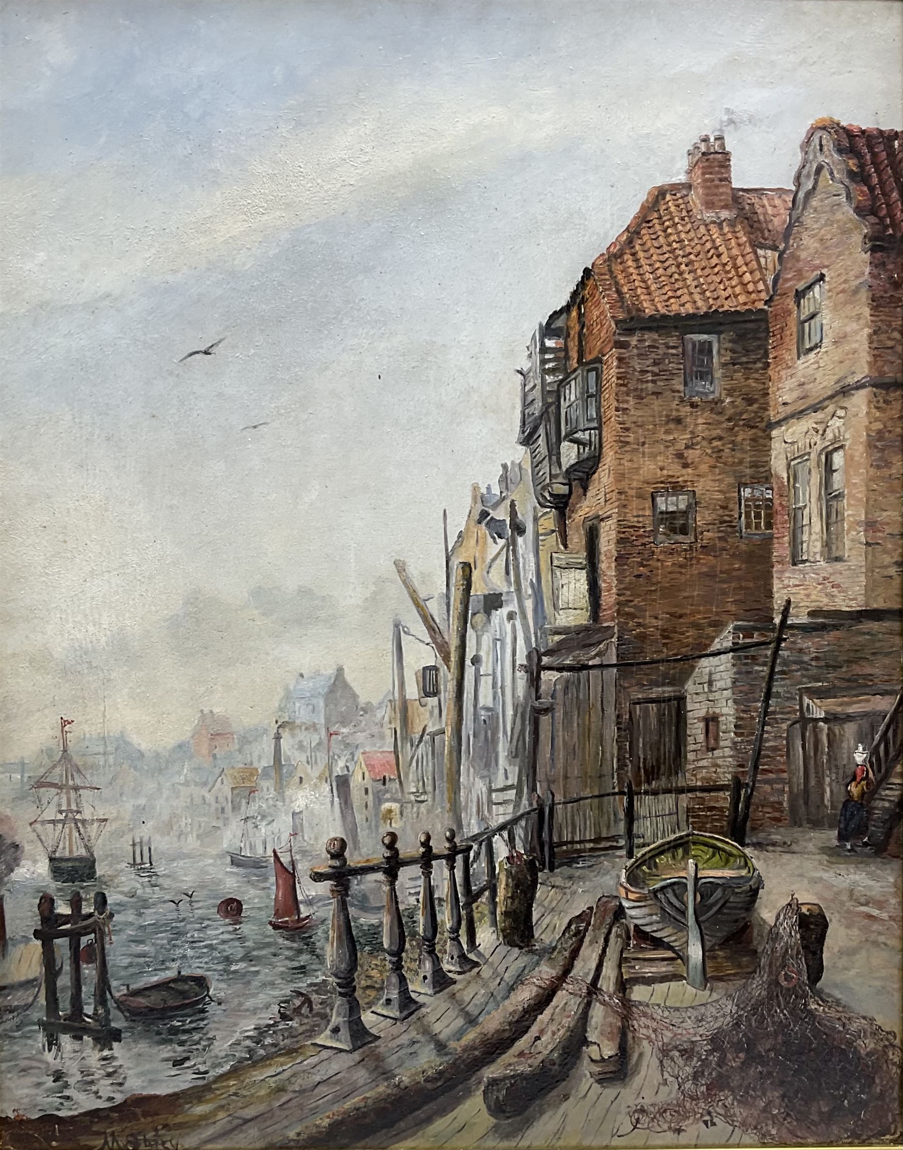 M Storey (British 20th century): Quay Side Scene, oil on board signed 50cm x 40cm
