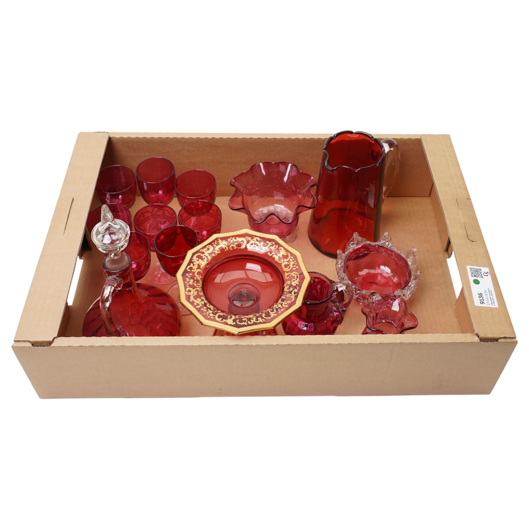 Cranberry glass comport with gilt decoration, various cranberry wine glasses, jug etc