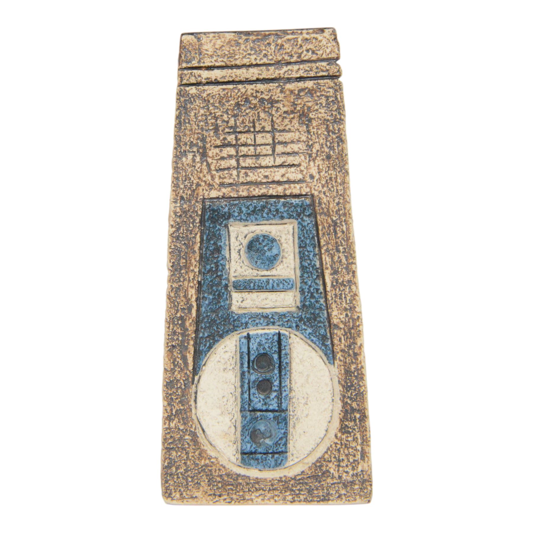 Louise Jinks for Troika Pottery, coffin vase with with incised geometric decoration, signed to base, H17cm 