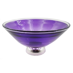  Ex retail: Hallmarked silver mounted purple glass pedestal bowl boxed 21cm diameter  