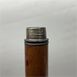 19th century malacca walking cane, the screw threaded domed cover opening to reveal vacant recess, above a further screw threaded opening revealing a removable glass vial with stopper, glass vial L41cm, cane L89.5cm