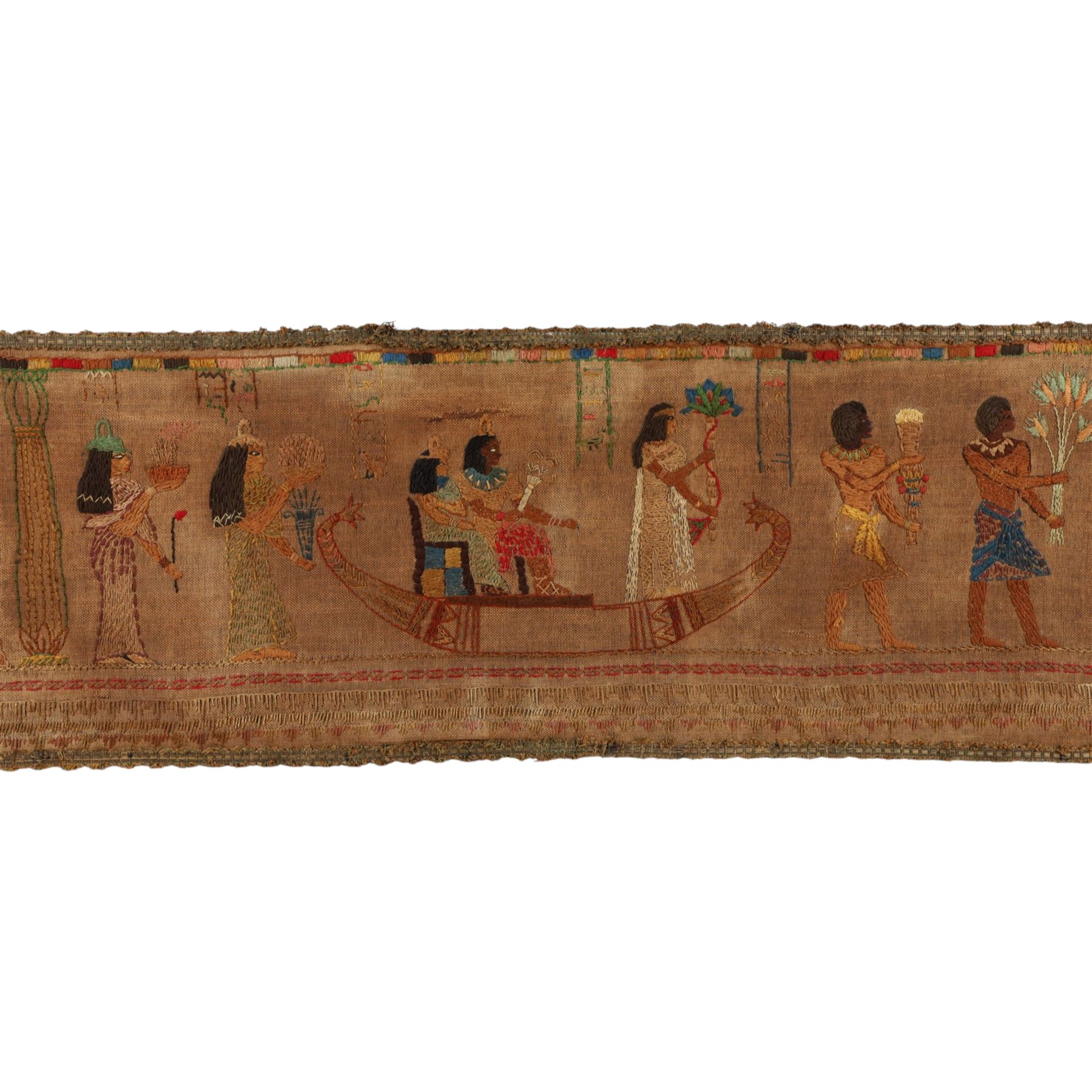 Egyptian revival tapestry, likely depicting scenes from Book of the Dead or similar text  of various figures in traditional attire, L160cm, H36cm 