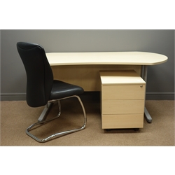  Light wood office desk with kidney shaped top (W175cm, H74cm, D95cm), matching three drawer pedestal (W44cm, H57cm, D62cm), and leather chair  