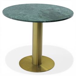 Contemporary marble top pedestal table, green circular marble raised on a brushed brass column  