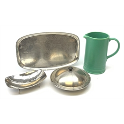 Keith Murray for Wedgwood tall tapered jug, KSIA (Keswick School of Industrial Arts) Firth Staybrite hammered steel dish of rectangular form, tray and serving dish & cover (4)