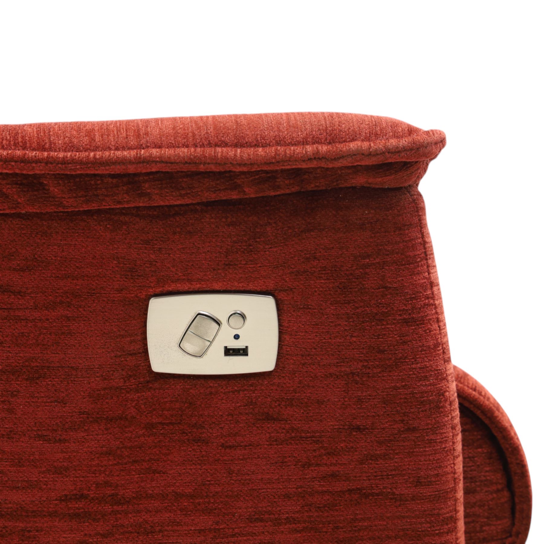 Contemporary electric reclining swivel rocker armchair, upholstered in textured red chenille fabric, high back with integrated headrest and panelled cushioning, on a circular base, requires power unit