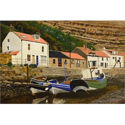 Tom S Hoy (British 20th century): 'Aground at Staithes' acrylic on board signed, titled verso 30cm x 44cm
