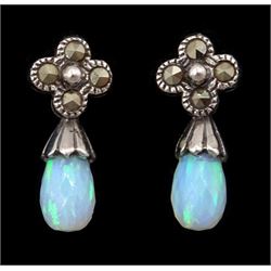 Pair of silver opal pear shaped opal and marcasite pendant stud earrings, stamped 925 