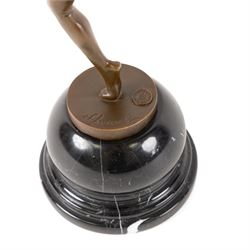 After Josef Lorenzl,- Art Deco style bronze bat girl, upon a stepped circular marble base, H47cm