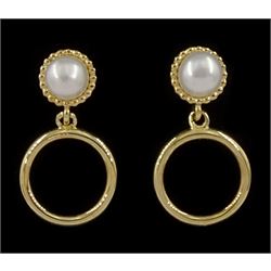 Pair of 9ct gold pearl and circular link pendant stud earrings