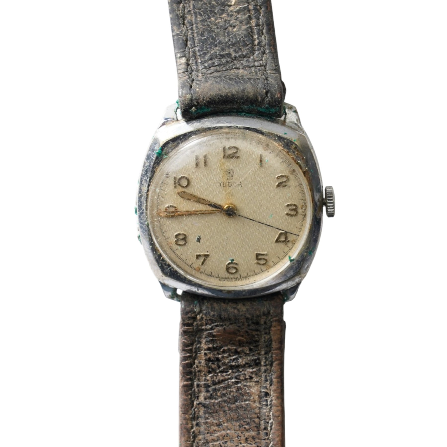 Tudor gentleman's stainless steel manual wind wristwatch, Ref. 12102, cream textured dial, on brown leather strap