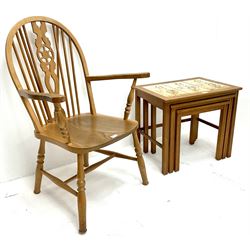 Beech and elm Wheel back carver chair (W60cm) and nest of tiled tables (2)