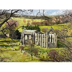 Peter Lapish (British 1937-): 'Bolton Abbey from the Cliff', acrylic on paper signed, titled verso 27cm x 36cm