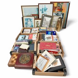 Large collection of prints, original oil of Chinese Junk ships, quantity of books, mainly historical and art related, two chess boards and figures, etc 