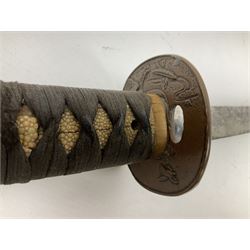 Japanese wakasashi short sword with 47.5cm curving steel blade, decorative copper tsuba and (damaged) cord bound fish skin grip, in lacquered wooden saya 69cm overall; together with a Swedish model 1896 knife bayonet marked EJ(anchor)AB 602 2/19 No.214 in associated leather sheath marked USM6 WMCO 1943 (2)
