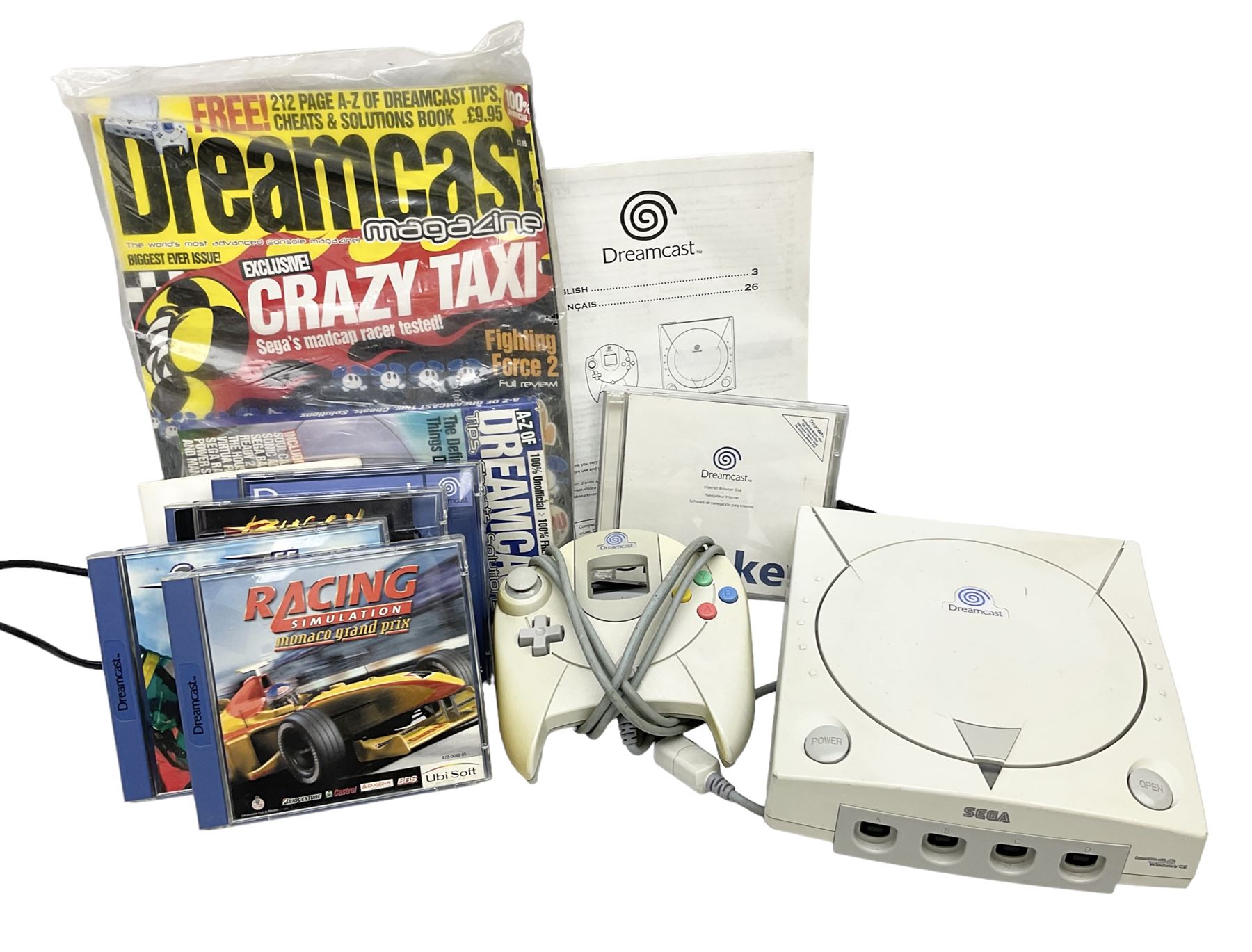 Dreamcast console, one controller, original instruction booklet with magazine and four games, ‘Aerowings’, ‘Buggy Heat’, ‘ Racing Simulation Monaco Grand Prix’ and ‘Who Wants to be a Millionaire’, all in original cases with instruction booklets 