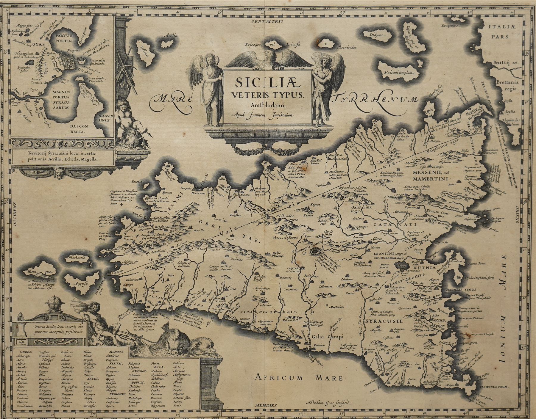Jan Jansson (Johannes Janssonius) (Dutch 1588-1664): 'Siciliae Veteris Typus' (Ancient Sicily), 17th century engraved map pub. c.1640, 42cm x 52cm