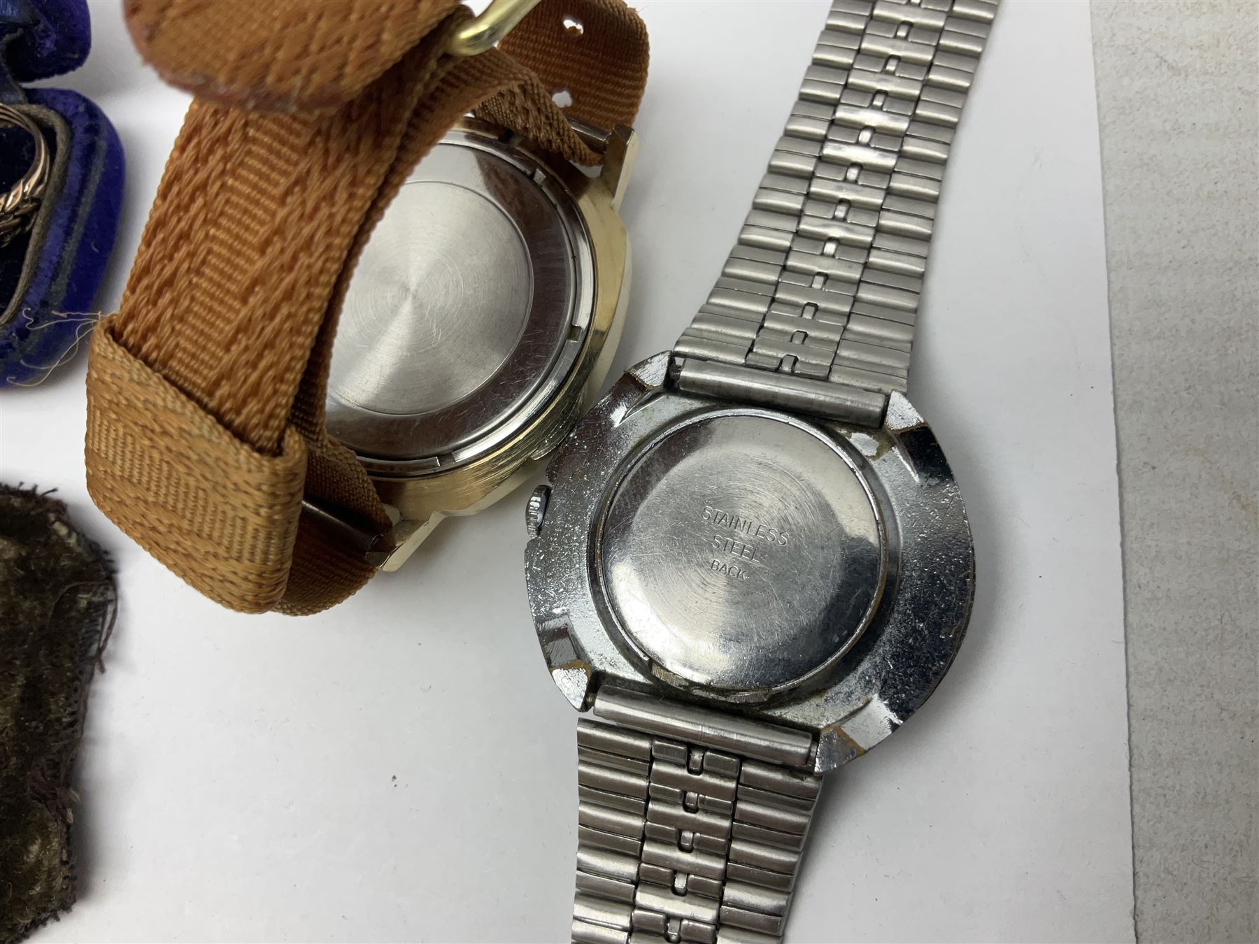Four wristwatches including Seiko automatic, Sekonda, Timex and Ingersoll, silver Acme Lever pocket watch by H Samuel, 9ct gold keepers ring, silver and 9ct gold paste stone set cluster ring, silver and stone set silver jewellery and other vintage jewellery