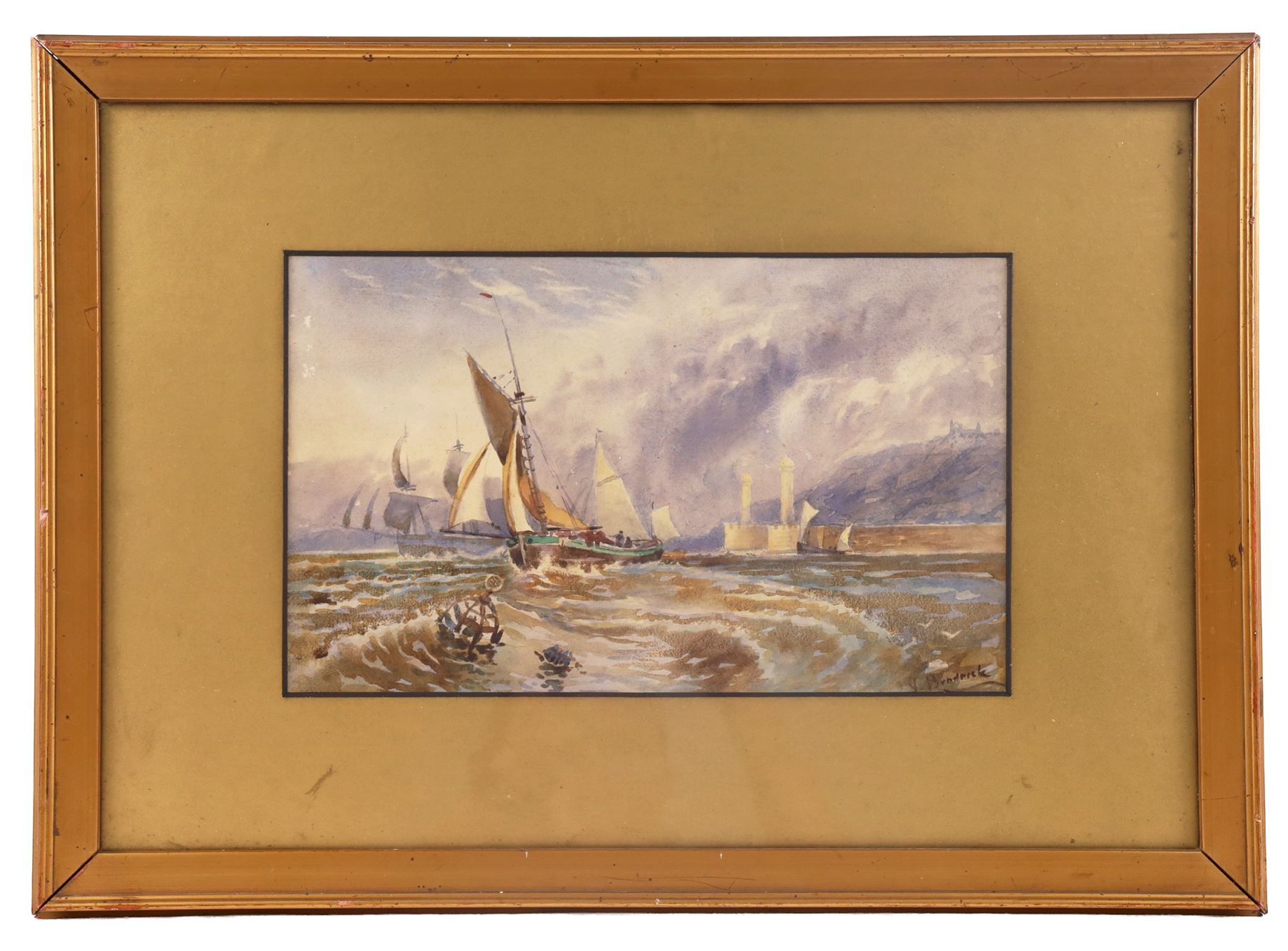 Brodrick (British 19th/20th century): Choppy Seas off Whitby Harbour, watercolour signed 16cm x 26.5cm