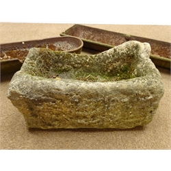  Rectangular stone trough planter with weathered sides (W56cm, H28cm, D35cm) and two cast iron troughs (3)  