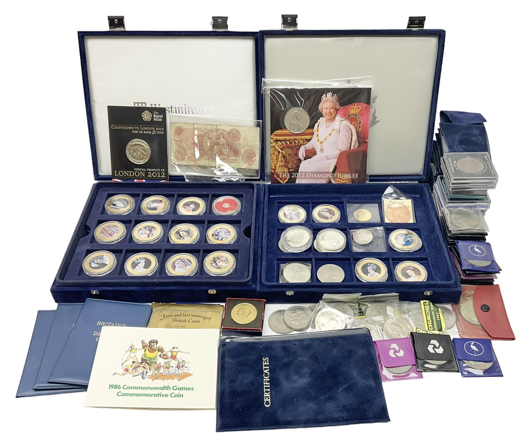 Mostly commemorative coins, including crowns, Queen Elizabeth II 2009 countdown to London 2012 five pound coin on card, 'The 2012 Diamond Jubilee' coin set in card folder, Cook Islands 2013 one dollar commemorating 'Coronation sixty years 1953 2013' etc