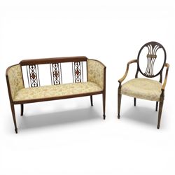 Edwardian mahogany boudoir suite, comprising boudoir couch and armchair, the couch back wi...