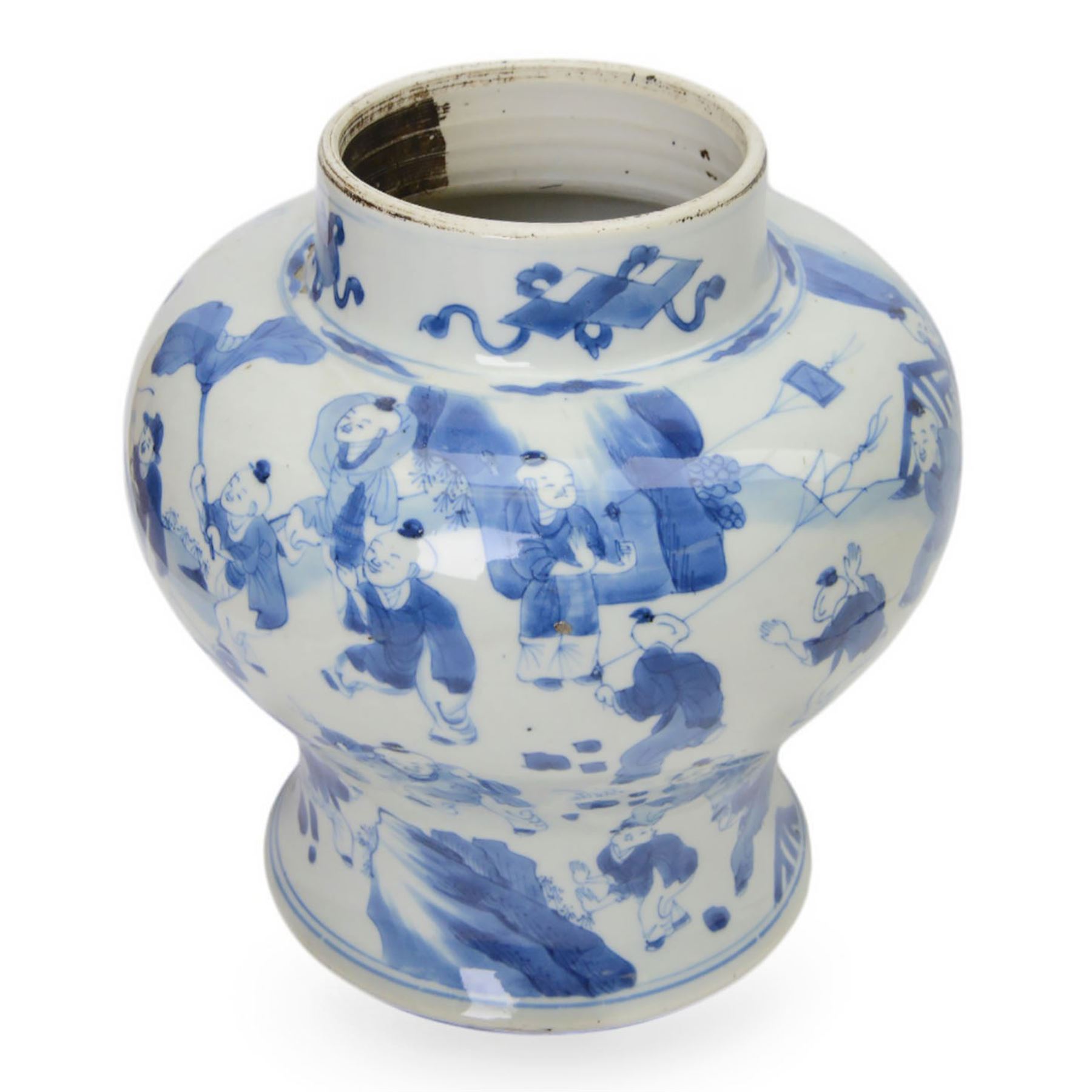 19th century Chinese blue and white jar, of pronounced baluster form, decorated in the Hundred Boys design, with numerous children at play, H23cm

The hundred boys design was a popular theme in Chinese Art employed from the Song period onwards. It expresses the desire to continue the family through male heirs and the performance of filial duties