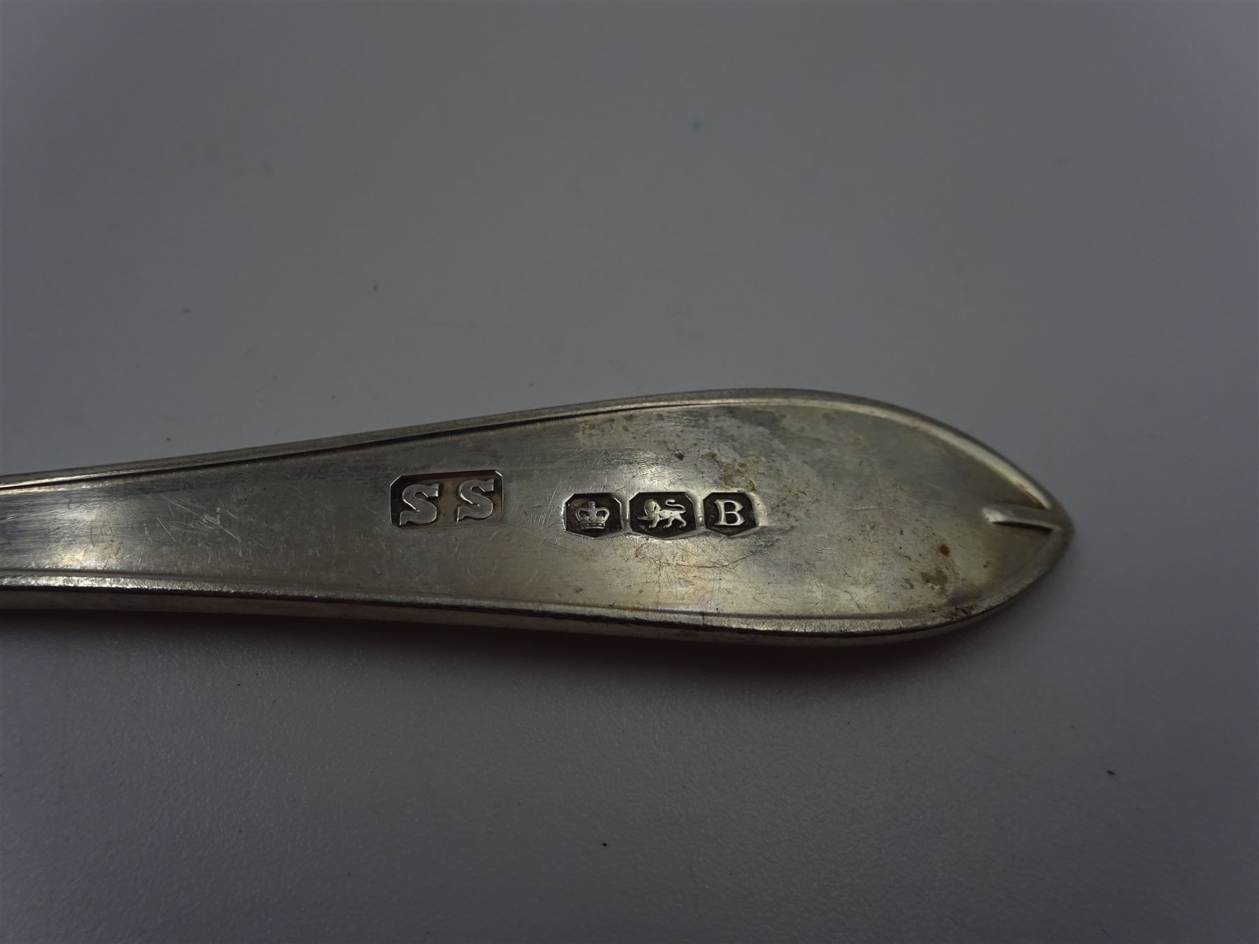 Set of six mid 20th century silver Celtic Point coffee spoons, hallmarked Sheffield 1944, maker's mark SS, in fitted case, together with a set of six silver handled butter knives, hallmarked Viners Ltd, Sheffield 1954, and other silver flatware, etc