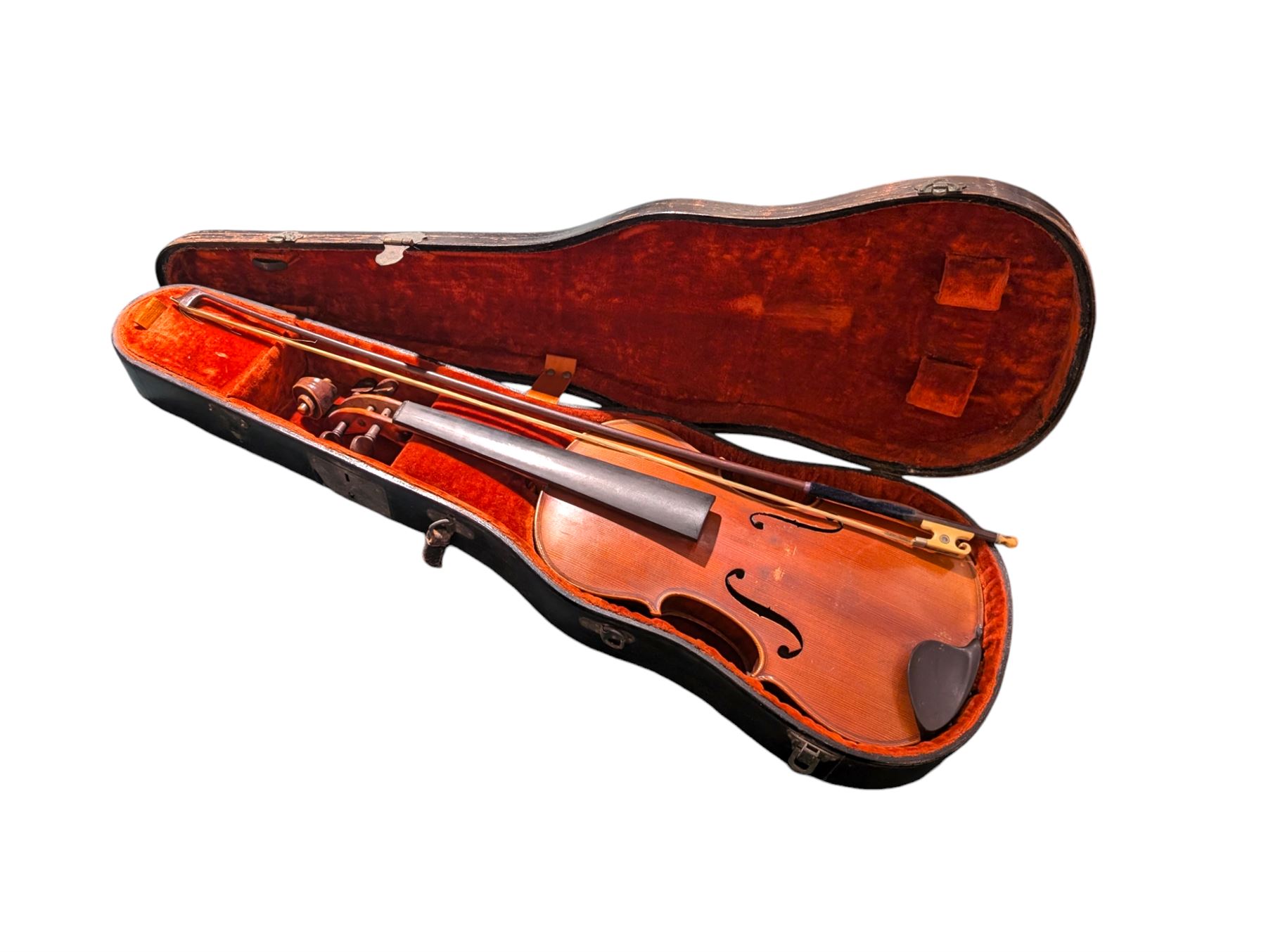 Late 19th century full size German violin with a  Wolff Brothers label, scroll with ebony pegs, finger board and tail piece, in a hard case with bow. Length 60cm

This item has been registered for sale under Section 10 of the APHA Ivory Act