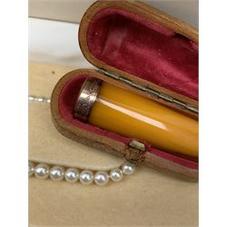 Cased 9ct gold mounted cheroot holder hallmarked, two silver 'For God and the Empire' award brooches, hallmarked, other silver jewellery stamped, Seiko ladies wristwatch and collection of watches, coins and costume jewellery