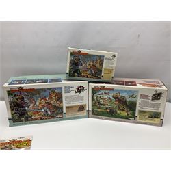 Dino-Riders 1980s by Tyco Action-GT, Stegosaurus with Tark and Vega Heroic Dino-Riders; Triceratops with Hammerhead and Sidewinder Evil Rulon Warriors; and Struthiomimus with Nimbus Heroic Dino-Rider; all boxed; two Action Figures, re-bagged on original card backing; and two VHS video tapes (6)