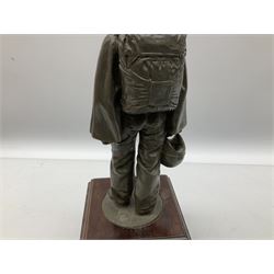 Presentation bronzed figure of a paratrooper by Peter Hicks mounted on a mahogany plinth with plaque inscribed ' Presented to Lieutenant General Sir Michael Gray KCB OBE President Army Parachute Association 1981-1987 An Outstanding Term of Leadership Friendship and Humour. Thank You All Ranks A.P.A.' H28cm; a brass Pegasus plaque H12cm; and small quantity of colour photographs and prints of military related paintings