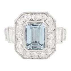 Platinum aquamarine and diamond cluster ring, emerald cut aquamarine of approx 1.40 carat, with milgrain set round brilliant cut diamond surround, each side set with two baguette cut diamonds, hallmarked, total diamond weight approx 1.10 carat
