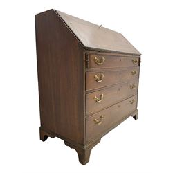 George III oak bureau, banded fall front enclosing fitted interior with central cupboard and reeded uprights, over four long graduating pine lined drawers with cock-beaded facias, on bracket feet