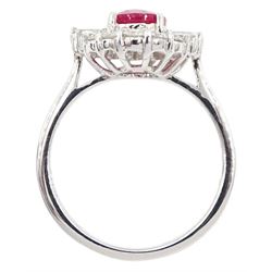 18ct white gold oval ruby, round brilliant and baguette cut diamond cluster ring, stamped 750, ruby 1.75 carat, total diamond weight 0.55 carat, with World Gemological Institute Report