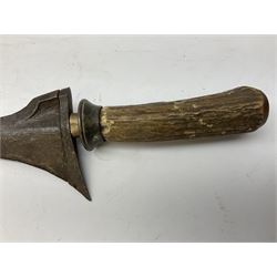 Malayan Kris dagger, the 31.5cm double edged straight heavy damascus blade with copper ferrule; carved hardwood grip; in large wooden throated scabbard with floral decorated white metal covering L47.5cm overall; a kris blade with adapted antler grip; and five various small daggers/letter openers (7)