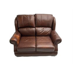 Three piece suite, comprising three seater sofa (W190cm) two seater sofa (W142cm) and armchair, (W94cm) upholstered in brown leather