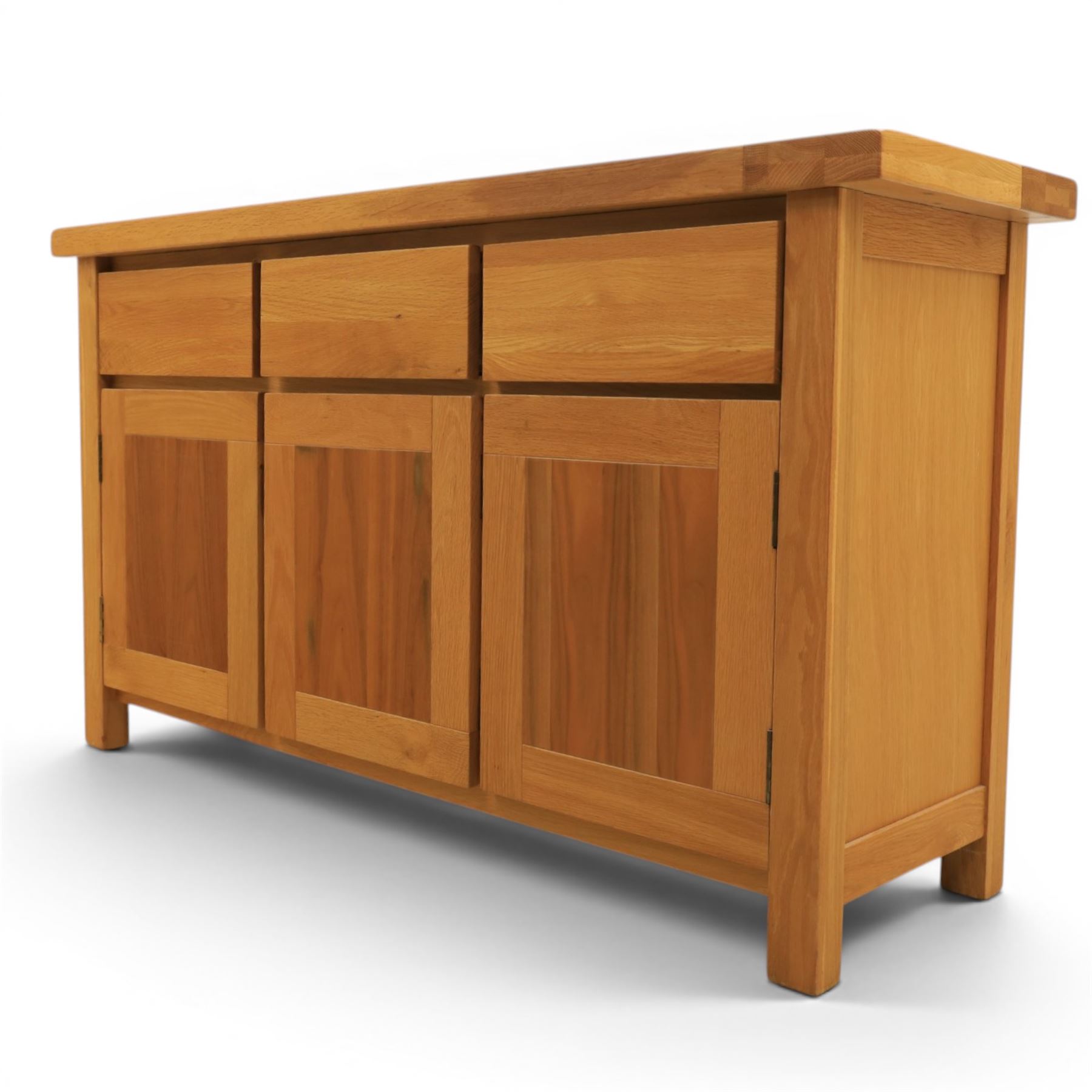 Contemporary oak sideboard, fitted with three drawers and three cupboards