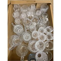Assorted glassware, to include decanters of various form, various drinking glasses, cruet set in stand, tray, jars and covers, etc., in two boxes 