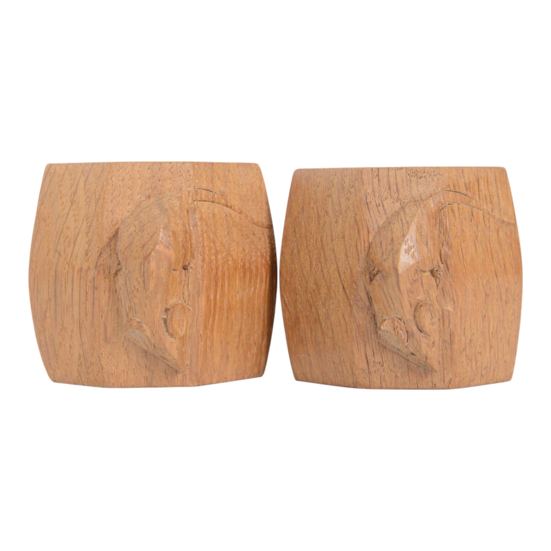 Mouseman - pair of oak napkin rings, of bulbous octagonal form, with carved mouse signature, by the workshop of Robert Thompson, Kilburn, W4.5cm