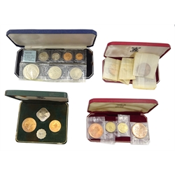  Bailiwick of Jersey 1957 cased four coin set and 1964 cased four coin set, Guernsey 1966 cased four coin set and New Zealand 1967 decimal coins cased seven coin set with coins still sealed in plastic packaging (4)   