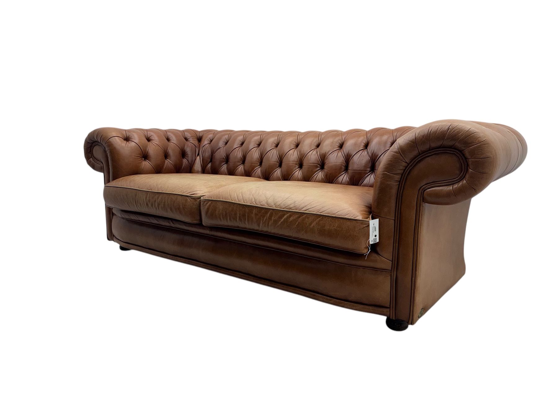 Springvale - large Chesterfield sofa, upholstered in buttoned tan leather, two cushion deep seat, turned bun feet