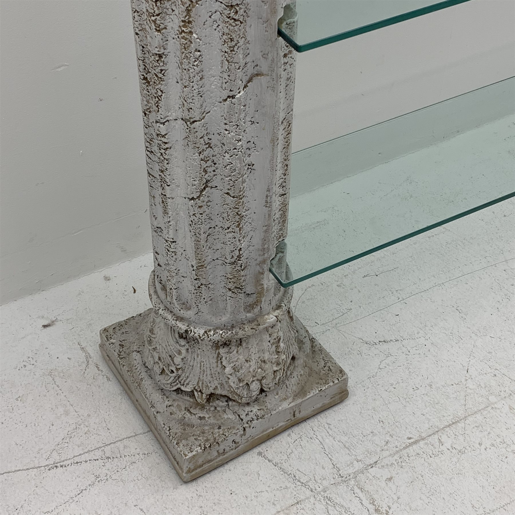 Architectural four shelf glass shelving unit supported by two Corinthian columns, W205cm, H179cm, D30cm