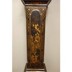  Small 19th century black lacquered and Chinoiserie decorated longcase clock, pagoda hood, arched brass dial with painted ship rocking on anchor escapement, scaled down four pillar eight day movement, striking the hours on bell, H177cm, 11 1/2'' dial   