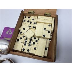 Group of silver to include cased set of six silver handled knives hallmarked Birmingham 1921 by Raeno Silver Plate Co, three hallmarked napkin rings etc together with silver plated and other metalware etc