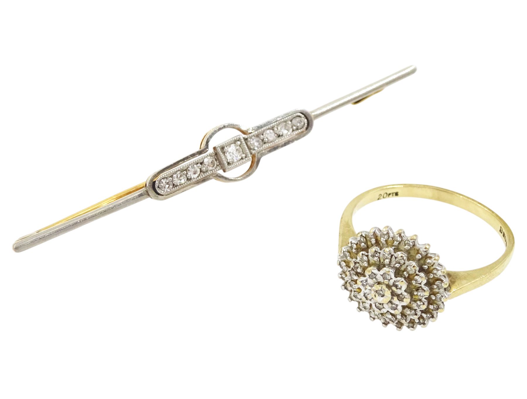 Early 20th century gold milgrain set, old cut diamond bar brooch and a later 9ct gold diamond chip cluster ring, hallmarked, total diamond weight 0.20 carat