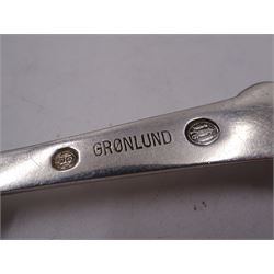 Collection of nine Scandinavian silver spoons, including  early 20th century Danish dessert spoon and three table spoons, each with bead and scroll decoration, stamped with three-tower mark and dated 1916, maker's mark Gronlund, assayer Christian F Heise, together with Norway souvenir spoon, stamped 830s and a Danish commemorative spoon, dated 1910 etc