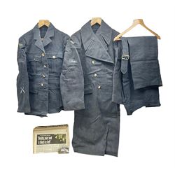 British RAF uniform, including jacket and trousers, modern RAF uniform buttons and a collection of reproduction wartime newspapers