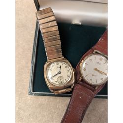 Two 9ct gold cased wristwatches, to include Vertex Revue presentation wristwatch on leather strap and Leda wristwatch on base metal strap