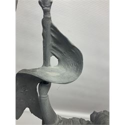 Pair of spelter figures modeled as Cavaliers, together with a spelter figure of Joan of Arc, largest H52cm